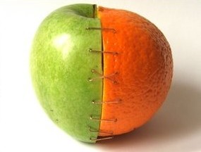 половинка яблока и половинка апельсина сшиты вместе скобами